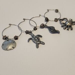 Sea Ocean Wine Glass Charms Theme Turtle Seashell Shell Crab Sand Dollar Silver